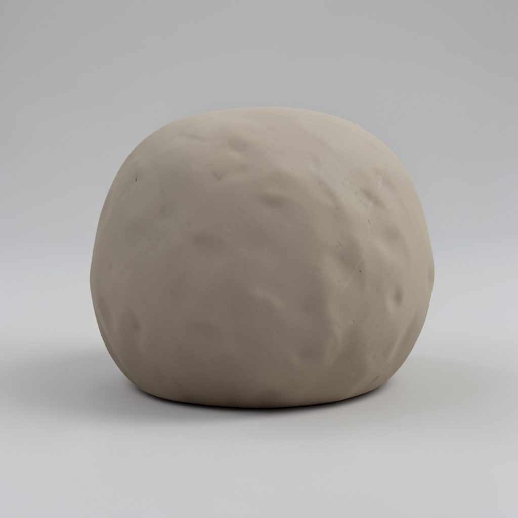 Soft clay-model render of a rounded studio desk with a vintage rotary handset in warm peach and pale lavender, set against a calm cream backdrop with gentle daylight.