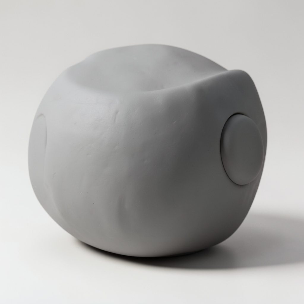 Soft clay-model render in warm cream and muted coral tones, rounded handmade forms suggesting a city skyline at dusk, calm and approachable mood